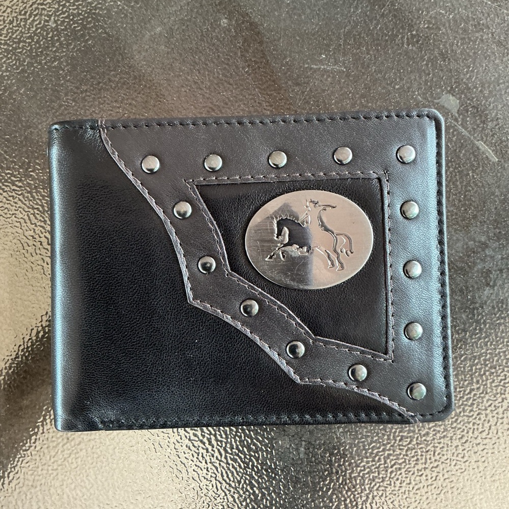Black Men's Studded Leather Bifold Wallet with Horse Emblem
